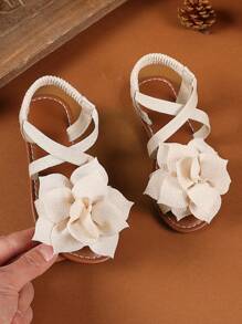 1 Pair Beige Plus Size Girls' Flat Sandals, Woven Criss-Cross Straps, Mesh Peony Decor, Elastic Back Strap, Round Toe, Fashionable & Cute, Suitable For 3-15 Years Old Girls, Casual, Party, Travel, Spring/Summer 2025 - Beige - View 3