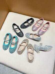 Zapatos de cristal para niñas para primavera y otoño, zapatos de princesa de suela blanda para actuaciones, zapatos de tacón alto con flores para niñas pequeñas dama de honor, nuevos zapatos brillantes de cristal de moda - Negro - Ver 8