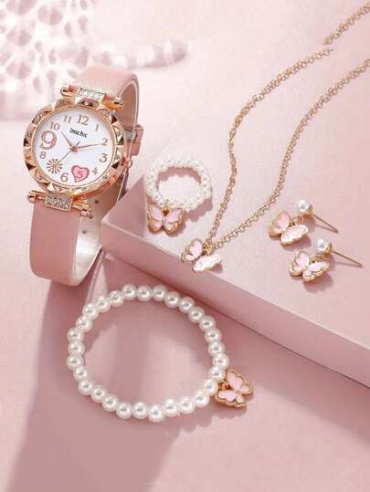 6 件/套时尚简约圆形阿拉伯心形表盘皮革表带石英表 + 蝴蝶配饰，适合生日、万圣节、礼物