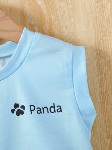 2 piezas Conjunto de niño pequeño con estampado de panda, sin mangas, cuello redondo, pantalones cortos de unicolor, adecuado para salidas diarias en verano - Azul - Ver 4