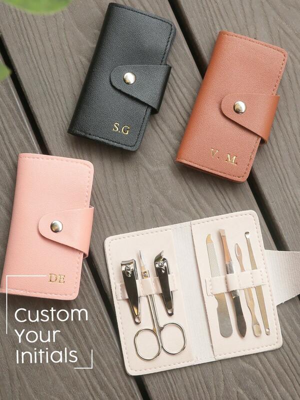 Custom Initals 7PCS Manicure Set Customized Gold Monogram Nail Clipper Sets Pedicure Sets Stainless Steel Professional Nail Cutter With Travel Case Pedicure Kit With Travel Case Nail Grooming Kit Tweezers File Clipper Fashion Leather Case Gift For Friends Parents