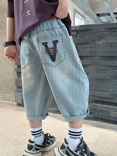 男童夏季 5 英寸及膝牛仔短裤，适合幼儿和大童