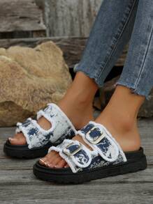 Women's Fashion Versatile Tie Dye Blue & White Tassel Decor Vacation Style Buckle Wedge Platform Slide Sandals, Simple Thick-Soled Casual Outdoor Slippers