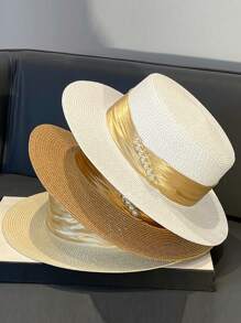 Sombrero de paja estilo francés de copa plana con cinta de perlas en el borde, sombrero de sol para mujer para viajes y vacaciones de verano, gorra de estilo británico para influencer con protección solar, sombrero sólido y casual de poliéster con protección UV y contra el viento, para primavera/verano