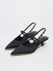 女士时尚优雅舒适尖头黑色露跟高跟鞋，铆钉装饰，设计简约 - 黑色 - 查看 7