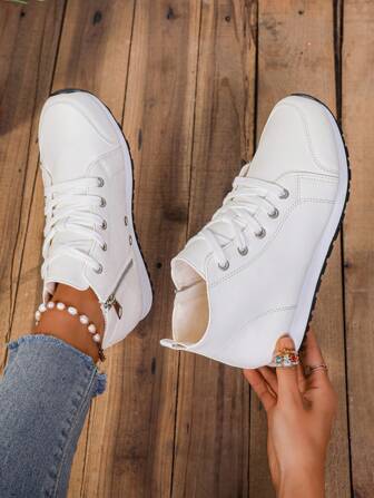 女士休闲高帮运动鞋，白色舒适运动鞋，适合旅行休闲