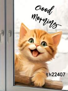 1pc Cute Brown Cat Window Sticker, With Open Mouth Yellow Cat Window Decoration Sticker, Contemporary Cute Cat Window Cling, PVC Easy Stick-On And Removal, (Size:6.29*7.08in) For Glass Doors Windows & Ceramic Wall Decor, High-End Animal Sticker., Stickers, Wall Decal, Vinyl Decal For Home Decorations, Spring Decoration Items Refresh Your Home, Rama Decoration Stickers Personalised Stickers