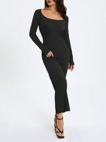 Women Long Bodycon Dress Solid Color Knitted Ribbed Square Neck Long Sleeve Dress Spring Fall Party Club Skinny Dress - Black - View 6