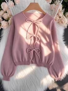 [上衣] 纯色打结长袖开衫 - 极简主义，办公室着装，复古，简约，法式，女士系带前腰带纯色针织毛衣开衫，可穿在衬衫外面，超大可爱开衫 - 粉色 - 查看 6