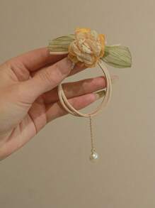 3 Stücke Blumen Haargummis für Frauen, hochwertige Kunstperlen-Quaste, Haargummi Haarzubehör Scrunchies - Gelbe Blüten + grüne Blüten + cremefarbene Blüten - Übersicht 3