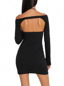 Women Wrapped Dresses Tops Sleeveless Hanging Neck Solid Color Short Midi Long Sleeved Tops - Black - View 4