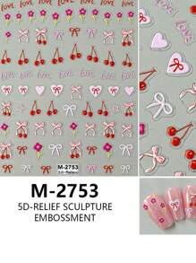 1pc 5D Embossed Pink Heart & Bow Nail Sticker, 3D Nail Art Decor - Multicolor - View 3