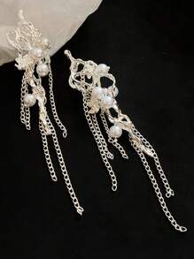 Silver Flower Faux Pearl Chain Tassel Earrings, Suitable For Daily Wear - Silver - View 2