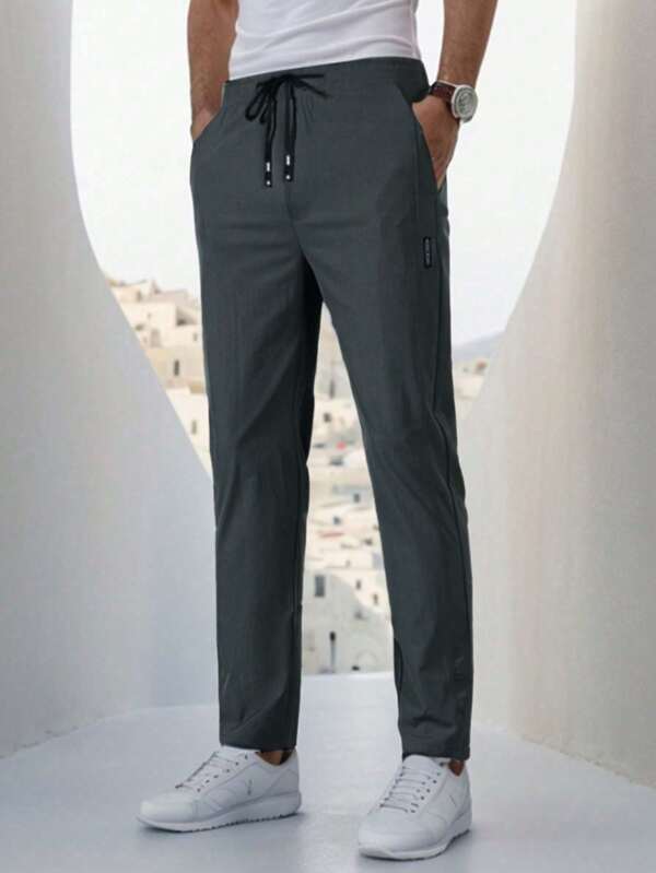 Men's Casual Drawstring Waist Tapered Long Pants, Ice Silk, Summer