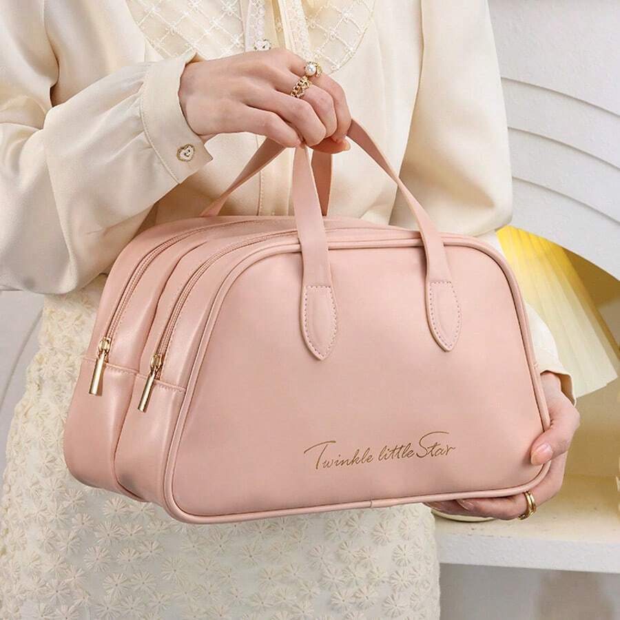 双层化妆包，大容量防水化妆包，时尚旅行洗漱用品收纳袋，便携式 PU 皮革收纳袋