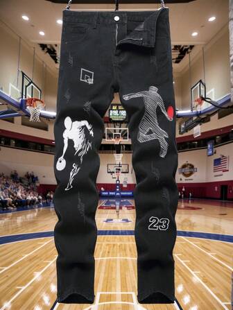 1 件男士街头风格黑色篮球扣篮刺绣休闲舒适直筒牛仔裤，适合城市散步和户外活动，春夏