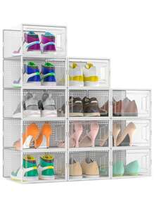 1/6 Packs Shoe Storage Boxes, Large Clear Plastic Stackable Shoe Organizer For Closet, Connect Left And Right Shoe Boxes Case Container Bin For Entryway, Drop Front, Fit For Size 10(White)