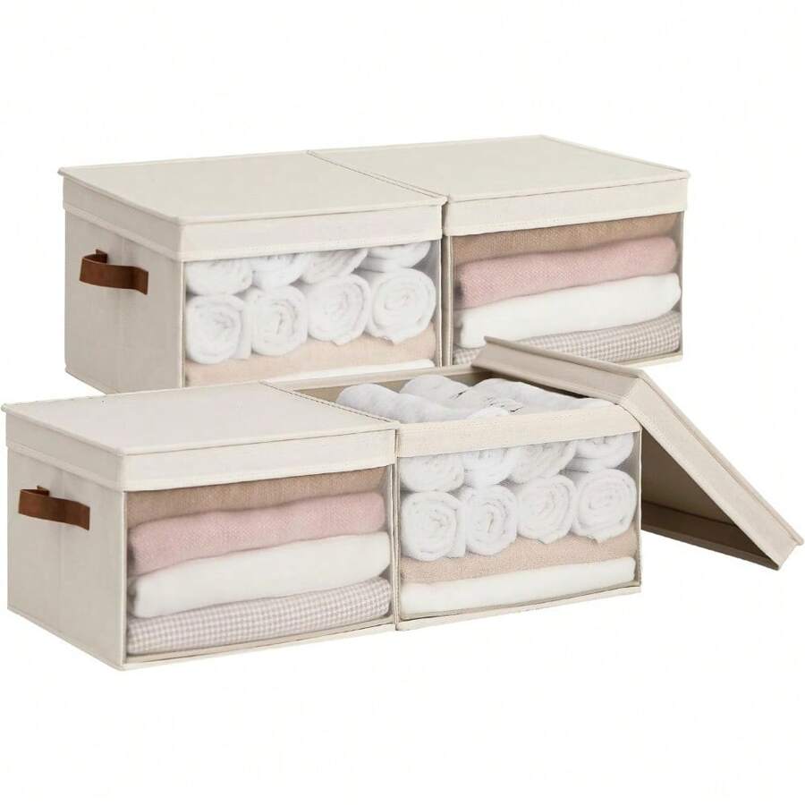 Contenedores de almacenamiento con tapas y ventana transparente, cesta para estantes, contenedores y organizadores de clóset, beige, grande, paquete de 4 - 1 - Ver 1