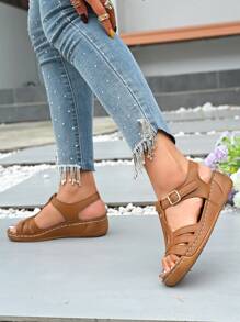 Sandalias de mujer con cuña y suela gruesa, dedos abiertos y correa, sandalias casuales antideslizantes para damas - Marrón - Ver 3