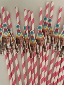 12 Pcs Customized Number & Face Party Paper Straws, Pink Theme Birthday Party Decor, Bachelorette Party Supplies, Women's Day Holiday Decor, Birthday Hat, Pink & Blue Striped Paper Straws, Best Gift For Girls,Brunch-Ready - Multicolor - View 10