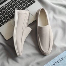 Men's Outside Seam Moccasin Almond Toe Low-Top Lightweight Slip-On Suede Loafers For Spring/Summer In Beige