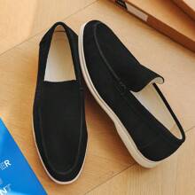 男式外缝莫卡辛杏仁头低帮轻便一脚蹬绒面革乐福鞋，适合春夏季黑色 - 黑色 - 查看 3