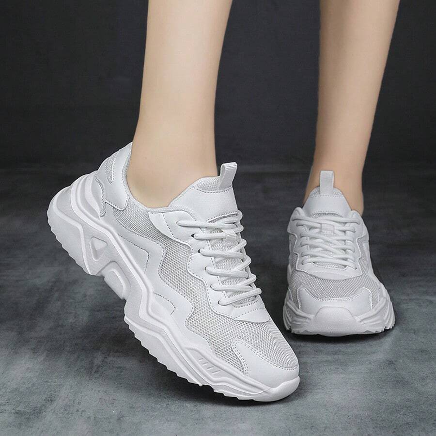 2025 Spring & Autumn New Casual Sports Shoes, Breathable Chunky Sneakers, Soft Sole Running Shoes For Women, Affordable Comfortable Walking Shoes, Suitable For Daily, Work, Hiking, Waterproof, Vegan Materials, Size 8, Retro 90s Style, Under $10 - White - View 1