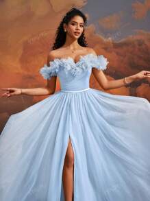 VIPGIRL SHEIN X Hannahelzahed Hannah Dreamy Blue Floral Off-Shoulder Tulle Ball Gown With High Slit, Corset Bodice, Princess Style Maxi Dress, Women Formal & Evening Dresses, Elegant Party Dress, For Wedding Guest