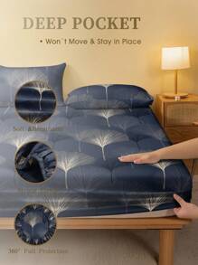 2/3pcs Navy Blue Ginkgo Leaf Fitted Sheet Set (1Pc Fitted Sheet+1/2pcs Pillowcases), Mattress Protector, Mattress Cover For Bed, Bed Sheet Set, Soft And Breathable, For All Size Bed -Twin, Full, King, Queen Size Sheet Deep Pocket Up To 11.8 Inch Home Textile
