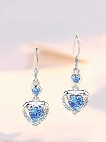 1 Pair 925 Sterling Silver Blue Heart Shape Earrings, Fresh And Sweet Elegant, Fashionable Tassel Ear Hooks, Versatile Everyday Mori Style Earrings, Gift - Love - View 5