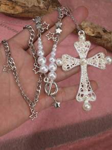 Set de 3 collares vintage góticos personalizados multicapa con estrella, cadena NK, cruz y perla falsa para mujer, collar de cruz y perla, choker de alta gama de estilo hip-hop único y exclusivo