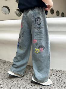 Tween Boy Straight Leg Blue Denim Jeans, Spring And Autumn - Blue - View 3