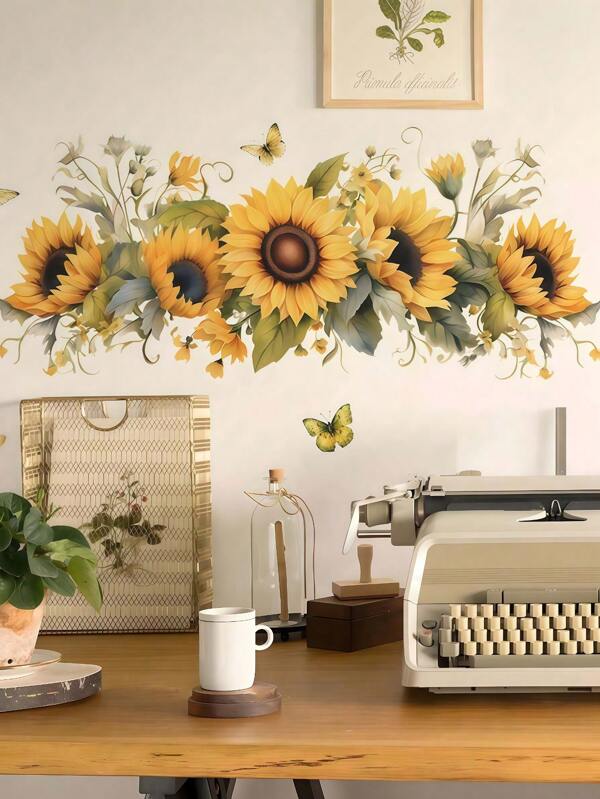 2pcs Hand Drawn Sunflower And Butterfly Decorative Wall Stickers For Living Room, Bedroom, Home Decoration, Stickers, Wall Stickers, Home Decoration Vinyl Decals, Spring Decorations To Refresh Your Home, Rama Decoration Stickers Wall Art Bedroom Decor Home Decor Living Room Wall Paper Party Decorations Living Room Decor Office Decor Home Decor Items Kitchen Decor