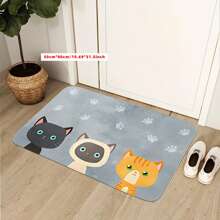 Cute And Colorful Cat Paw Print Area Rug, Features Cartoon-Style Cat Faces, Light Blue-Grey, Suitable For Entryway, Living Room, Bedroom, Dining Room, Hallway, Laundry Room, Kitchen, Balcony As Indoor Entrance Carpet, Modern Polyester Rectangular Non-Slip Absorbent Floor Rug - Indoor All-Season Home Decor, Kitchen Runner