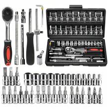 Uclub Juego de llaves de trinquete de 1/4 de pulgada de 46 piezas con juego de dados con puntas métricas y barra de extensión para reparación de automóviles y uso doméstico, con estuche de almacenamiento