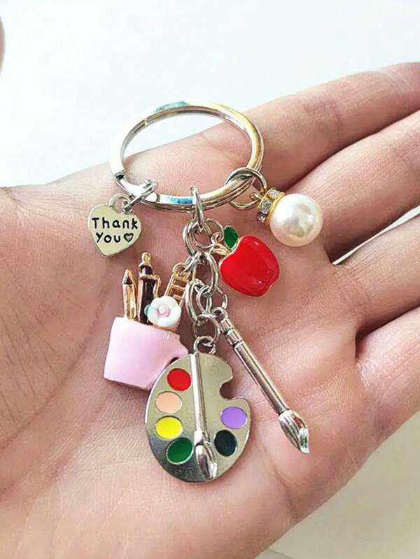 1 Pc Metal Drawing Board Keychain With Pearls, Pen Holder, Paintbrush, Apple And Thank You Charm, Street Fashion Simple Creative Keychain, Perfect Accessories For Street Art Students, Suitable For Daily Wear, Mobile Phones, Wallets, Backpacks, Car Pendant Keychains, Perfect Gifts For Art Lovers, Students Or Teachers, Graduation Season Gifts, Back To School Gifts, Holiday Gifts