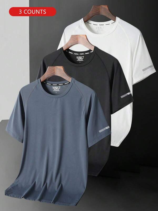 3pcs Outdoor Casual Sports Short Sleeve T-Shirt Set For Men, Crew Neck Letter Print (Smoky Blue + Black + White)