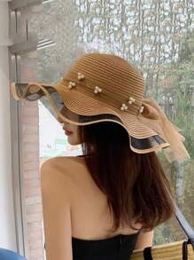 Tropiscape Women's Summer Faux Pearl Embellished Wide-Brimmed Sunhat With Wave Mesh, Ideal For Traveling, Beach, And Sun Protection Bow Beach Autumn Winter Gifts - Wave Pearl Mesh Straw Hat - View 10
