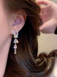 1 对优雅奢华水钻流苏耳坠耳环，独特设计女士日常/正式派对/舞会百搭耳环 - 銀色 - 查看 3