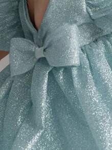 年轻女孩优雅亮片泡泡袖蝴蝶结后背深 V 连衣裙，公主裙适合儿童生日礼物、派对、宴会、舞会、婚礼花童、节日庆祝服装 - 淺藍色 - 查看 3