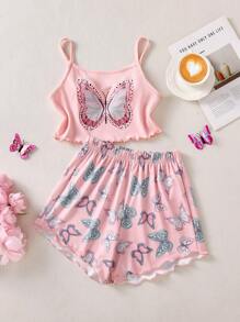 A 2 Pieces Girls' Sweet Pink Vest And Butterfly Printed Casual Shorts Home Set, Perfect For Wearing, Reading, Resting, And Relaxing At Home. It Is Also Suitable As A Gift For Children - Pink - View 2