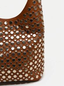 1pc  European& American Punk Style Heavily Embellished Double-Sided Round Riveted Inlaid Fashionable Niche Luxury Bucket Bag, Elegant Shoulder Bag For Professional Women/ Office Use - 棕色 - 查看 5