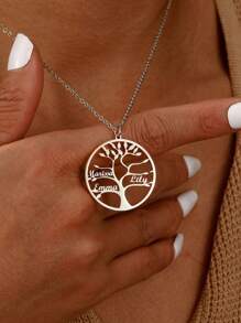 Custom Tree Of Life Nameplate Necklace, Unisex, Personalized With Mother & Child / Family Member Names, Stainless Steel Pendant Necklace, 2-9 Name Customizable, Family Gift, Fashion, Autumn Style, Neutral, Casual Custom, Personalized