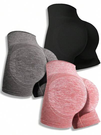 3pcs/Set Women High Waist Yoga Shorts, Seamless Fitness Shorts, Moisture-Wicking Workout Shorts For Gym, Running, Daily Wear