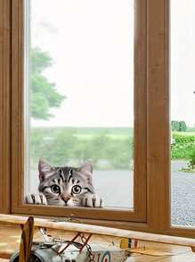 1pc Cute Brown Cat Window Sticker, With Open Mouth Yellow Cat Window Decoration Sticker, Contemporary Cute Cat Window Cling, PVC Easy Stick-On And Removal, (Size:6.29*7.08in) For Glass Doors Windows & Ceramic Wall Decor, High-End Animal Sticker., Stickers, Wall Decal, Vinyl Decal For Home Decorations, Spring Decoration Items Refresh Your Home, Rama Decoration Stickers Personalised Stickers