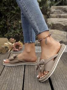 Sandalias planas con decoración de lazo para mujer, zapatos de verano tipo chanclas con punta redonda y slip-on, ligeros y antideslizantes para la playa