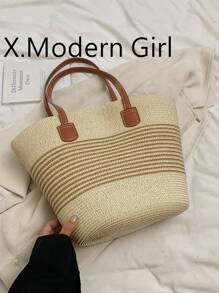 1pc Large Capacity Straw Tote Bag, Women's Woven Handbag, 2025 New Spring Picnic Hiking Travel Beach Bag, Casual Shoulder Crossbody - White - View 1