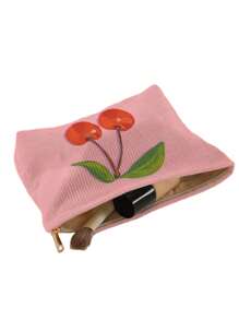 1pc Corduroy Cosmetic Bag, Birthday Gift For Women, Toiletry Bag, Makeup Storage Pouch, Gifts For Best Friends, Cherry Pattern