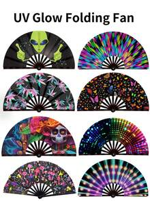 1 Peça Leque de Mão Grande de UV para Festa de Música de Carnaval, Show e Presente, Leque de Mão Dobrável de Luz UV para Presente, Festival de Música, Carnaval, Fantasia Arco-íris, Festa de Disco, Festa Neon, Suprimentos de Decoração de Festa Luminosa