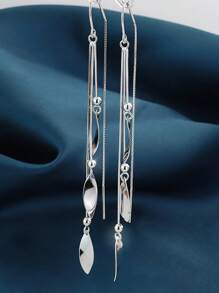 1 paire de boucles d'oreilles élégantes en torsion en forme de losange en argent sterling 925, boucles d'oreilles à longues franges en feuille pour femmes, bijoux de luxe haut de gamme, cadeau de mode